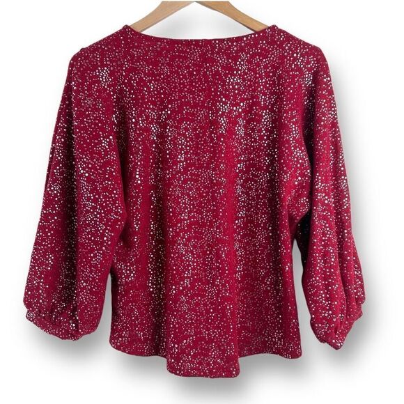 Adrienne Vittadini Womem's L Balloon Sleeve Silver Sparkle Red Cocktail Blouse - Picture 2 of 10